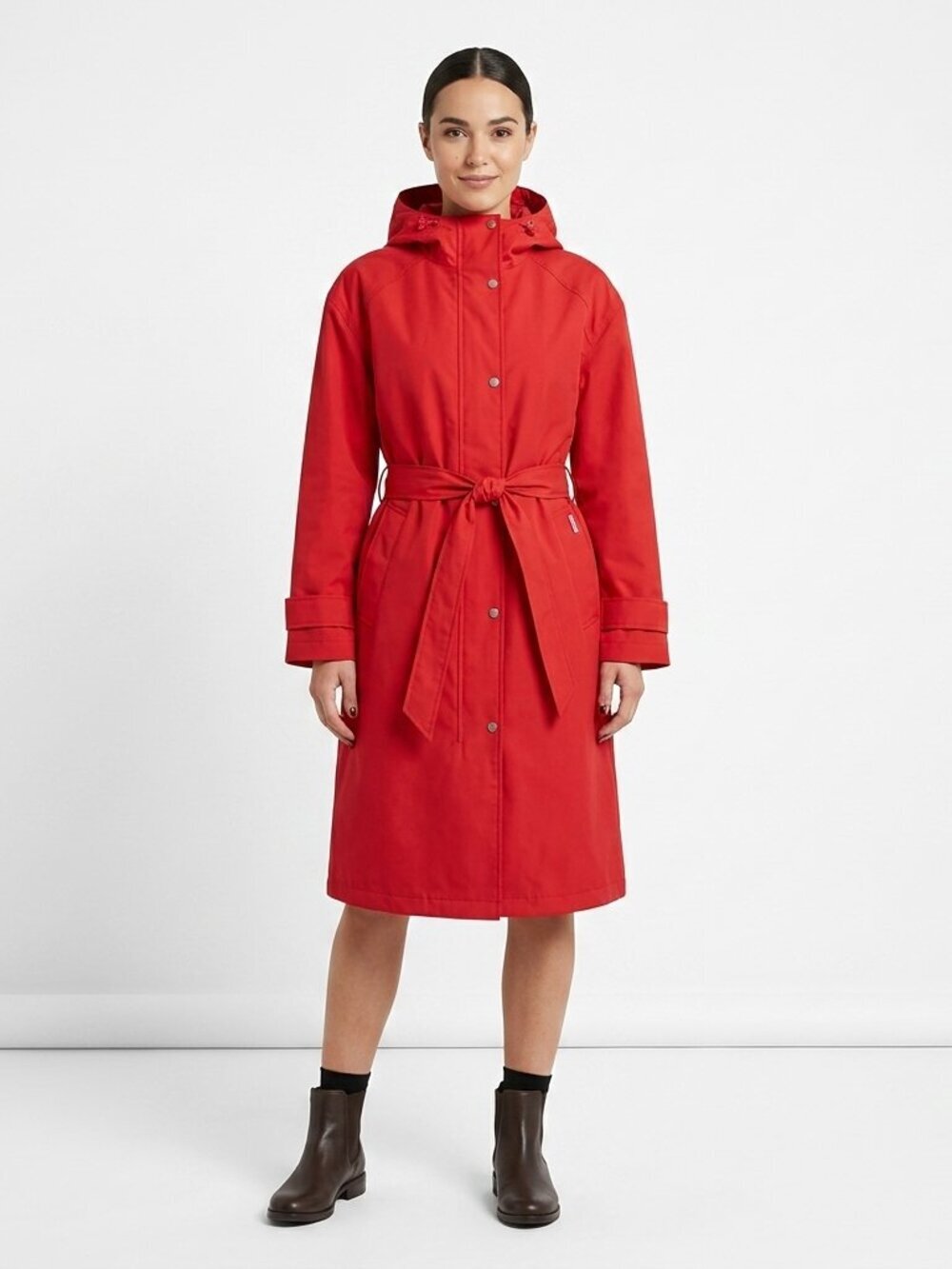 NWT HUNTER Red Chasseur Belted Insulated Hooded Long Trench Coat Small - Picture 2 of 16